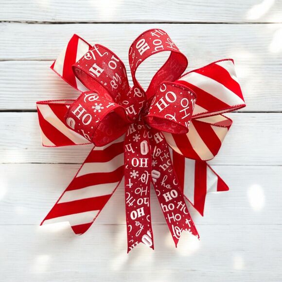 Handmade Other - Candy Cane "Ho Ho" Christmas Bow - 12-Inch Wired Ribbon Festive Decor!